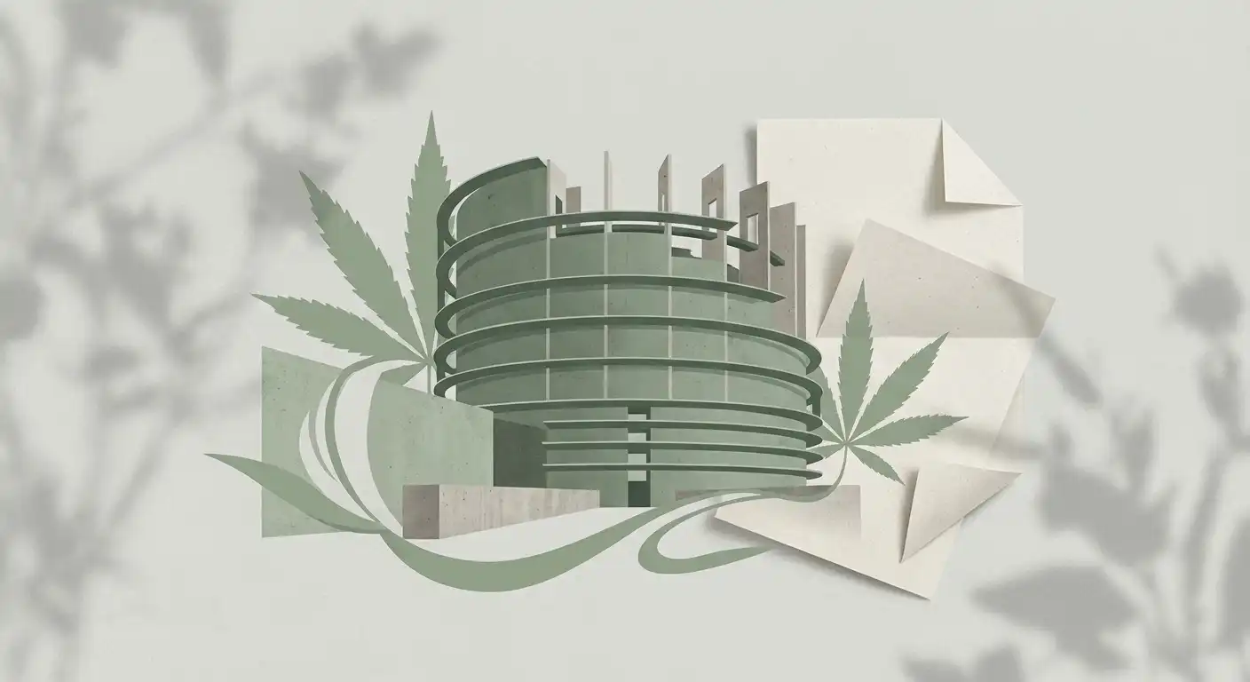 CBD Wetgeving EU: Europees Parlement gebouw met hennepblad symbool en juridische documenten over CBD regelgeving