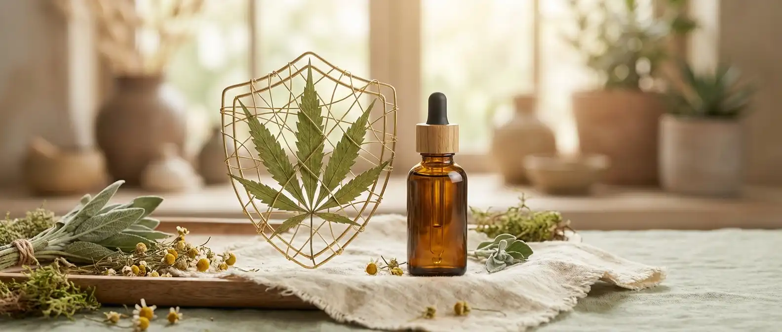 CBD Veiligheid: beschermend schild en hennepblad symbool dat de veiligheid van CBD olie weergeeft